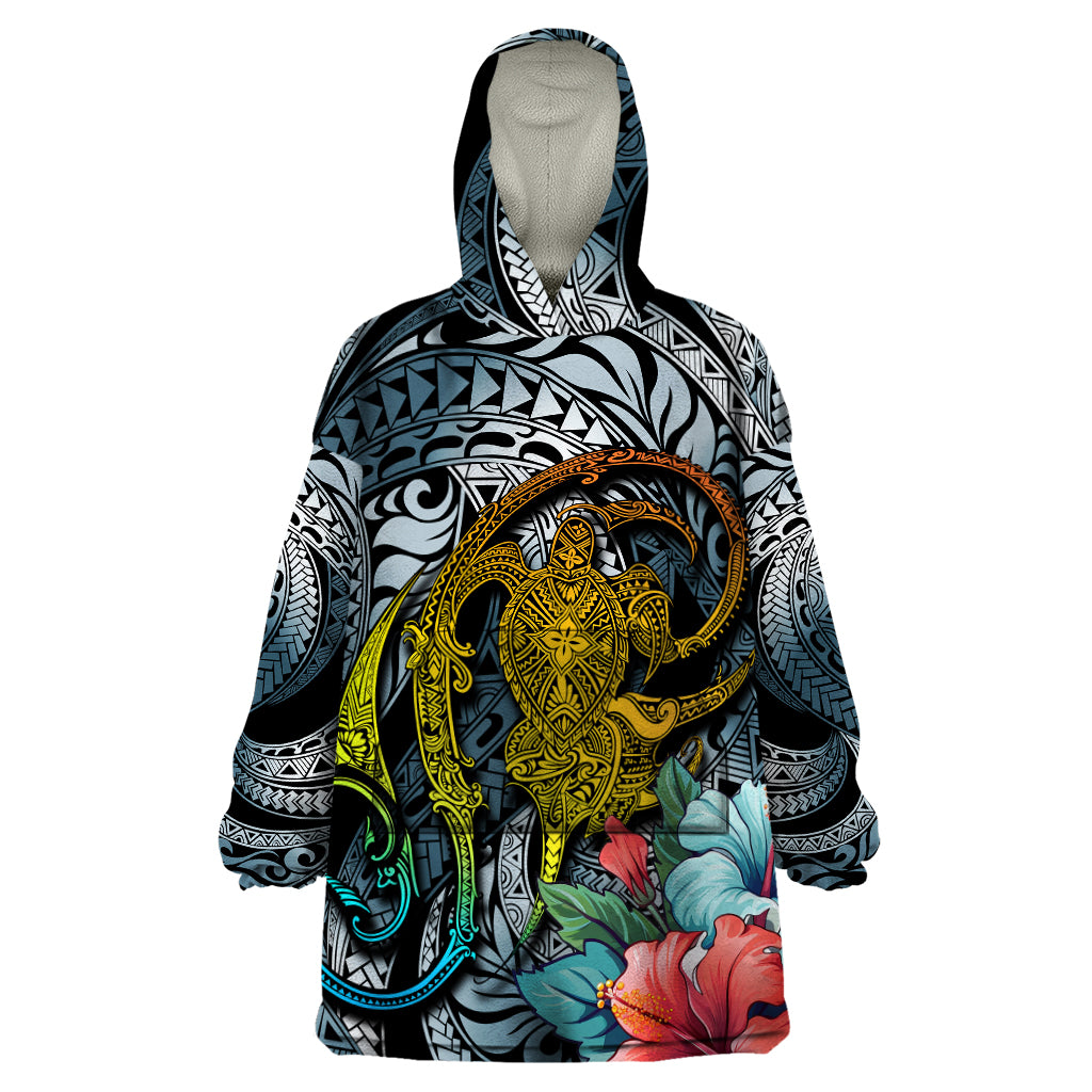 Hawaii Turtle Wearable Blanket Hoodie Hawaii Pattern and Turtle Tattoo Dark Cyan Gradient TS04 One Size Gradient - Polynesian Pride