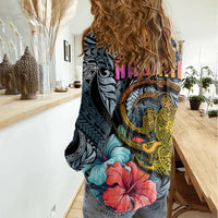 Hawaii Turtle Women Casual Shirt Hawaii Pattern and Turtle Tattoo Dark Cyan Gradient TS04 - Polynesian Pride