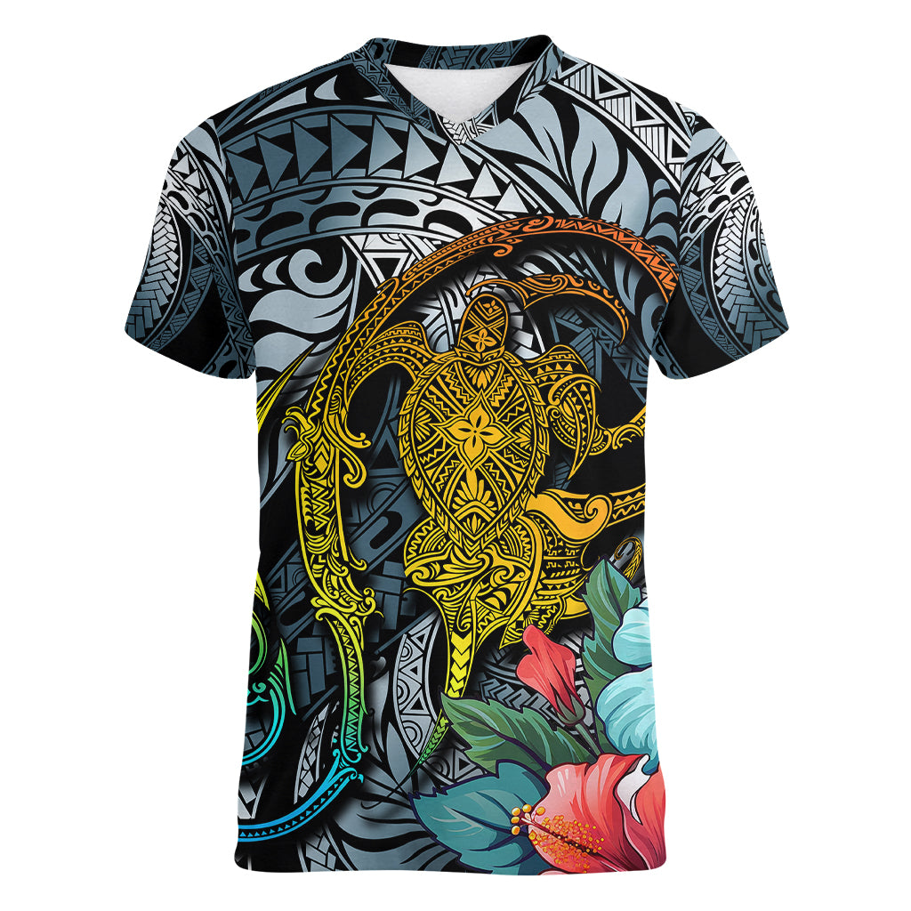 Hawaii Turtle Women V Neck T Shirt Hawaii Pattern and Turtle Tattoo Dark Cyan Gradient TS04 Female Gradient - Polynesian Pride
