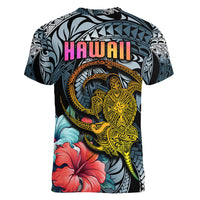 Hawaii Turtle Women V Neck T Shirt Hawaii Pattern and Turtle Tattoo Dark Cyan Gradient TS04 - Polynesian Pride