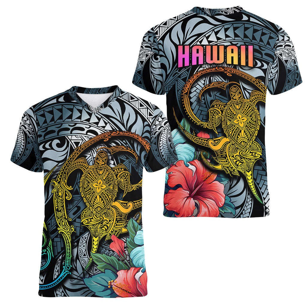 Hawaii Turtle Women V Neck T Shirt Hawaii Pattern and Turtle Tattoo Dark Cyan Gradient TS04 - Polynesian Pride
