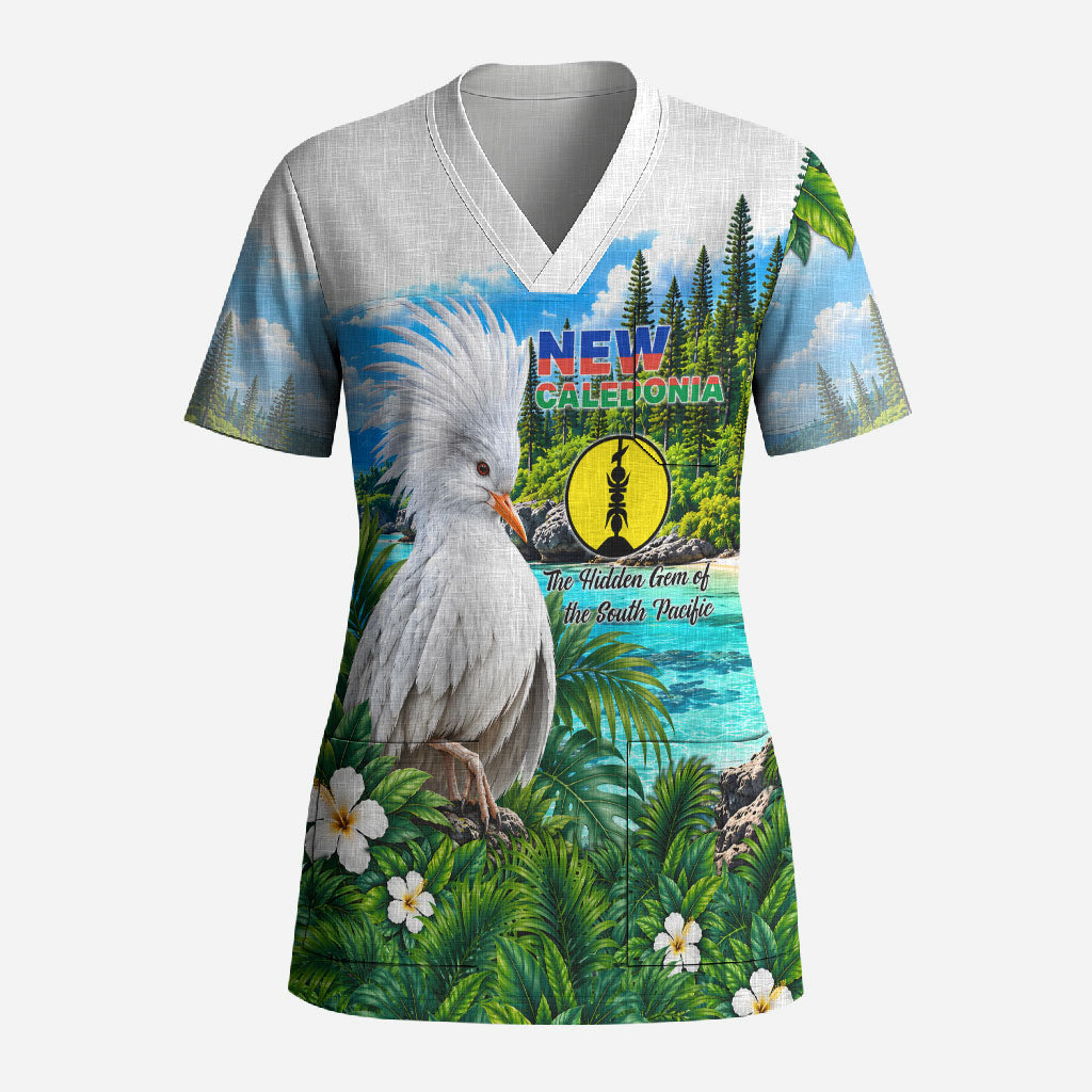 New Caledonia Kagu Bird Nature Scrub Top South Pacific Hidden Gem Tropical Landscape TS04 Adult Green White - Polynesian Pride