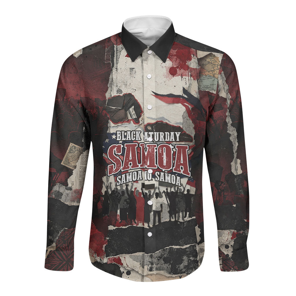 Samoa Black Saturday 1929 Long Sleeve Button Shirt Mau Movement Vintage Newspaper Grunge Polynesian TS04 Unisex Black Red - Polynesian Pride