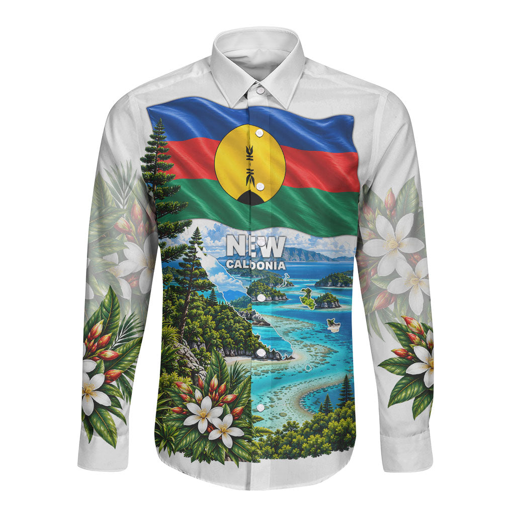 New Caledonia Kanak Flag Landscape Long Sleeve Button Shirt Tropical Island Nature Floral TS04 Unisex White Green - Polynesian Pride