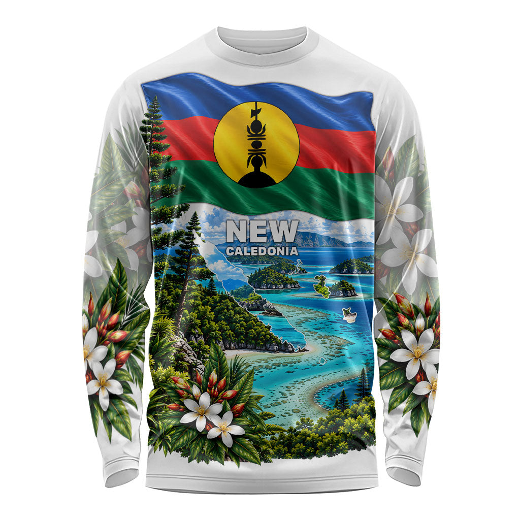 New Caledonia Kanak Flag Landscape Long Sleeve Shirt Tropical Island Nature Floral TS04 Unisex White Green - Polynesian Pride