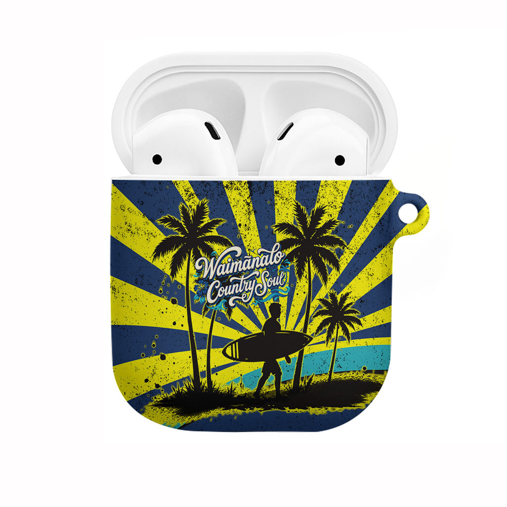Waimanalo Oahu Hawaii Surfing AirPods Case Tropical Beach Retro Sunburst Surfboard
