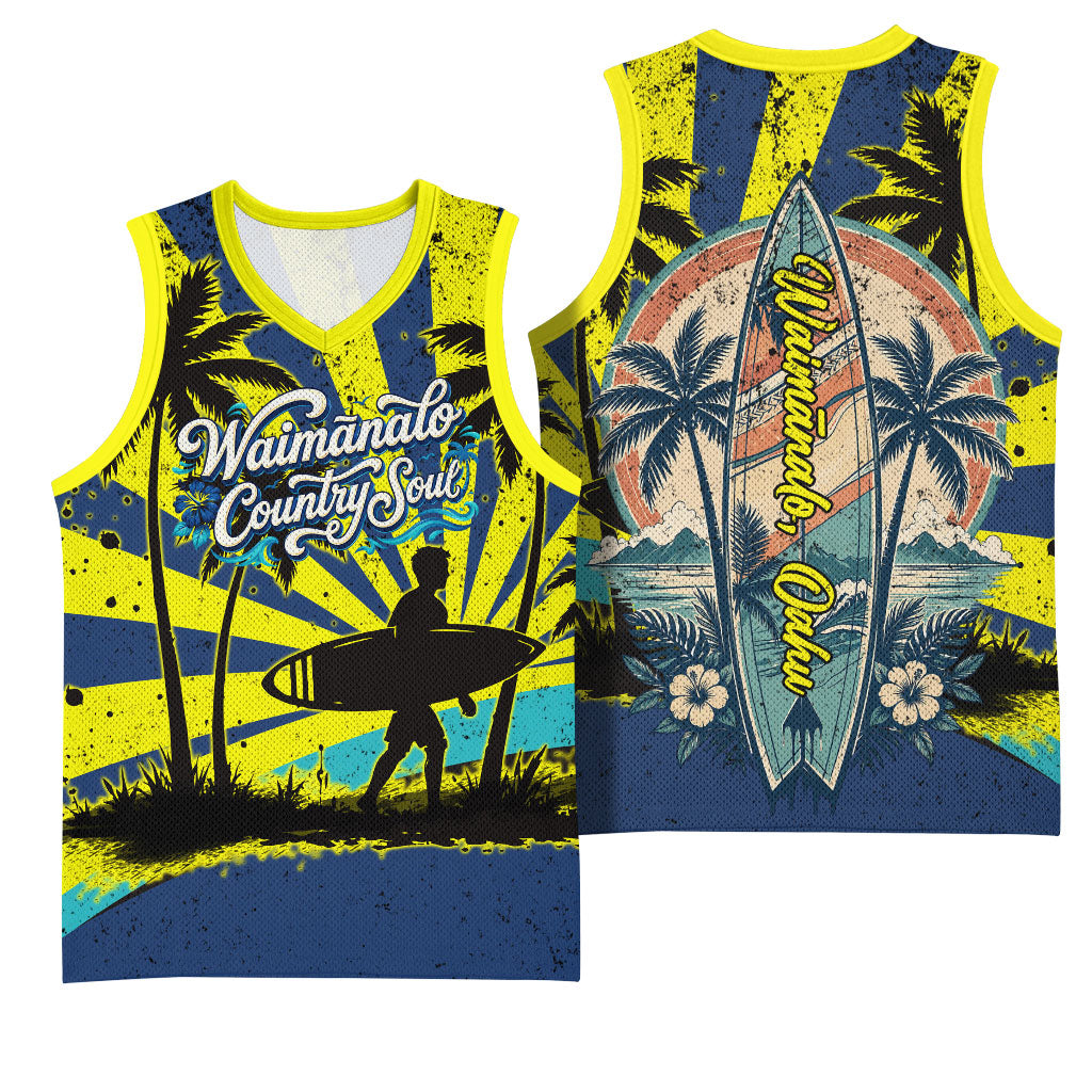 Waimanalo Oahu Hawaii Surfing Basketball Jersey Tropical Beach Retro Sunburst Surfboard TS04 - Polynesian Pride
