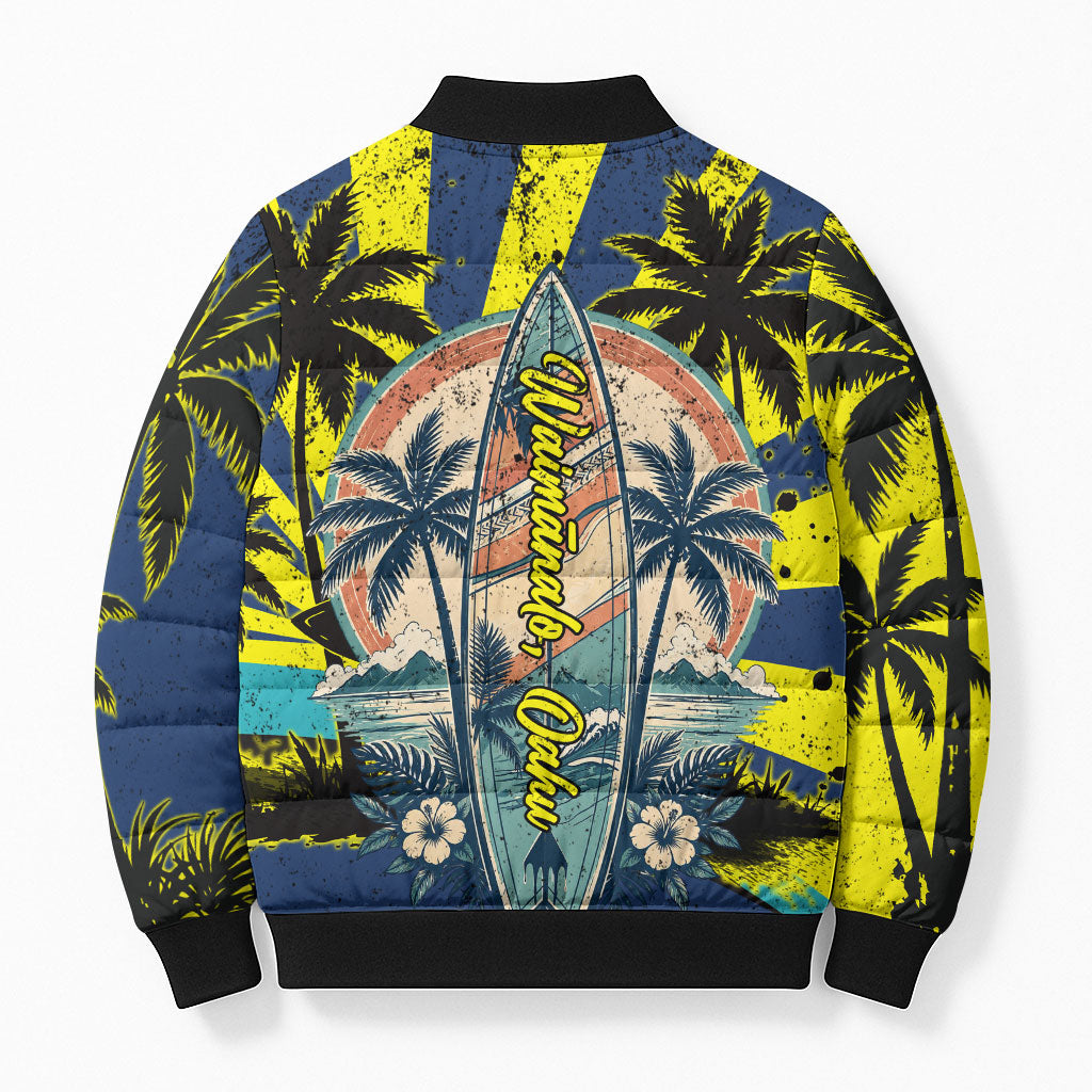 Waimanalo Oahu Hawaii Surfing Bomber Puffer Jacket Tropical Beach Retro Sunburst Surfboard