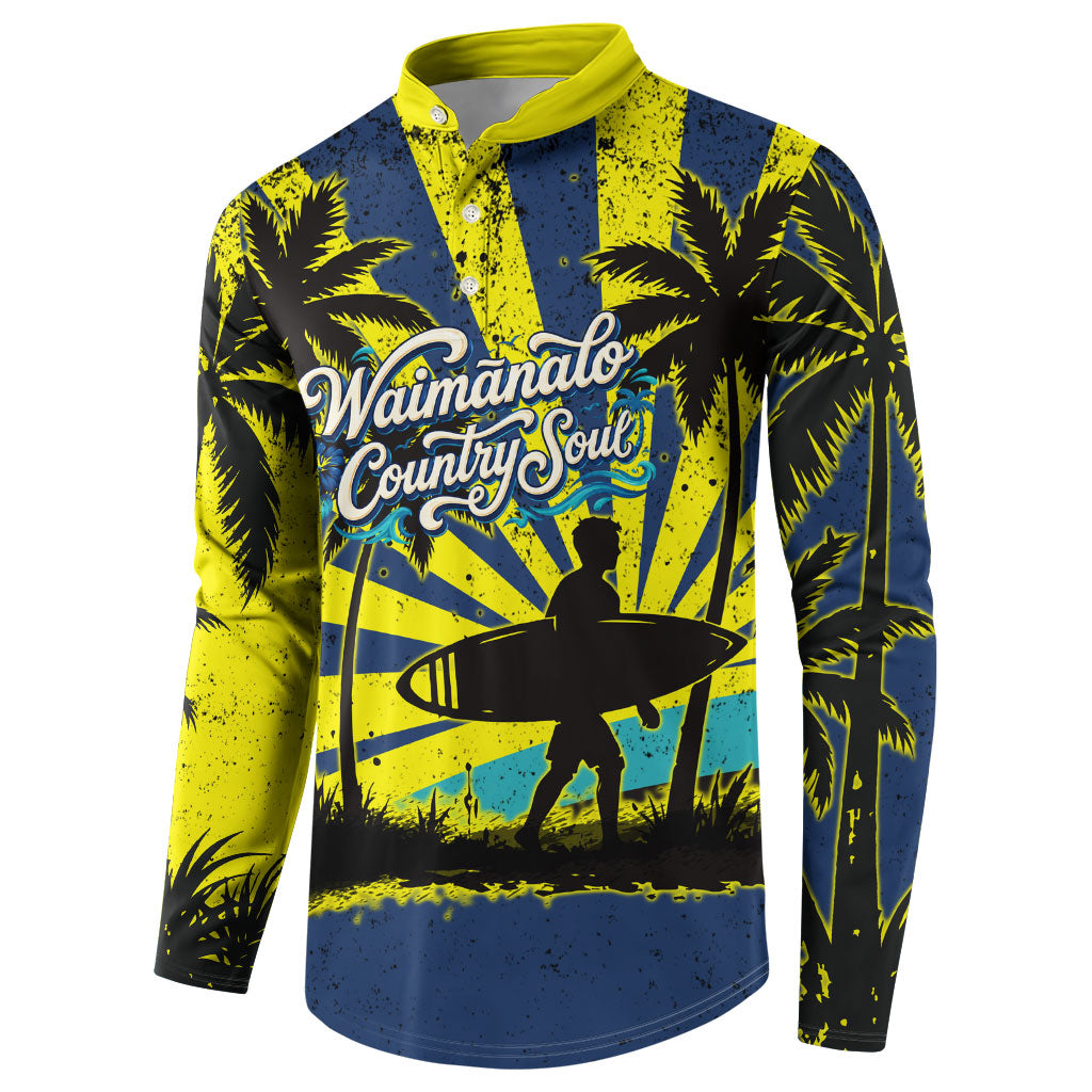 Waimanalo Oahu Hawaii Surfing Button Sweatshirt Tropical Beach Retro Sunburst Surfboard