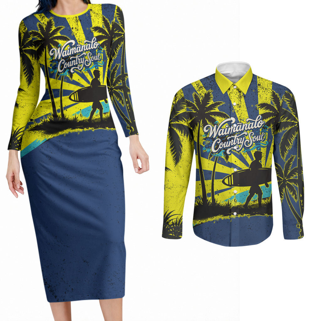 Waimanalo Oahu Hawaii Surfing Couples Matching Long Sleeve Bodycon Dress and Long Sleeve Button Shirt Tropical Beach Retro Sunburst Surfboard TS04 Yellow Blue - Polynesian Pride