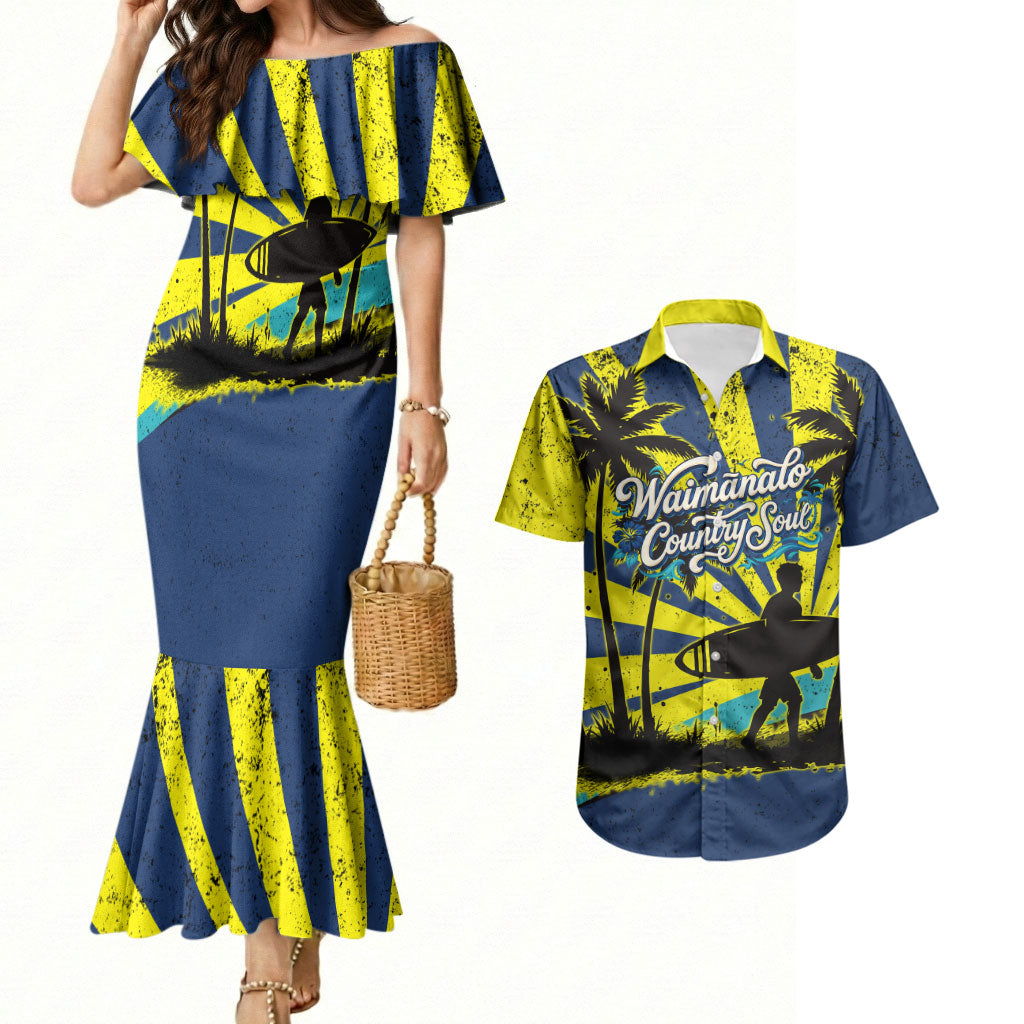 Waimanalo Oahu Hawaii Surfing Couples Matching Mermaid Dress and Hawaiian Shirt Tropical Beach Retro Sunburst Surfboard TS04 Yellow Blue - Polynesian Pride