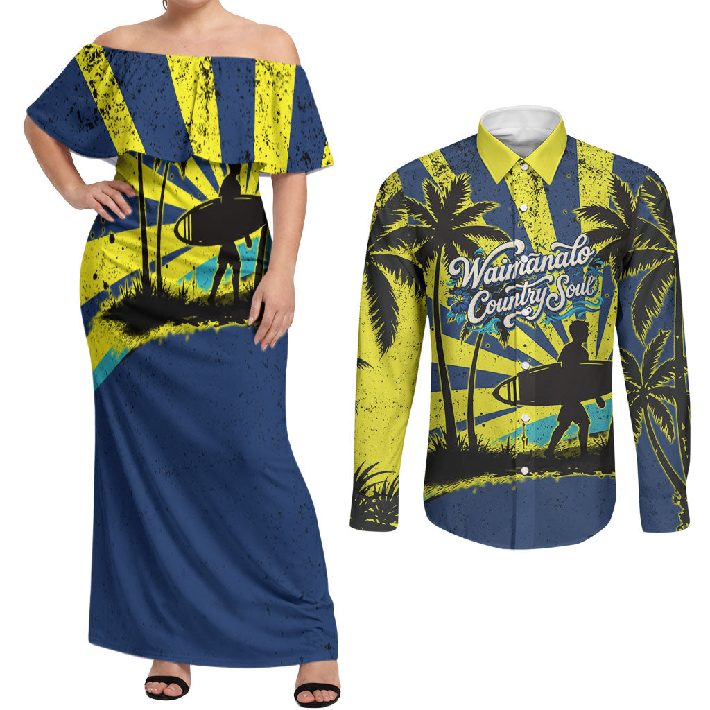 Waimanalo Oahu Hawaii Surfing Couples Matching Off Shoulder Maxi Dress and Long Sleeve Button Shirt Tropical Beach Retro Sunburst Surfboard TS04 Yellow Blue - Polynesian Pride