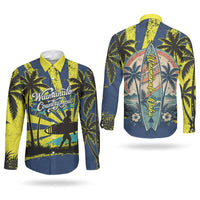 Waimanalo Oahu Hawaii Surfing Couples Matching Off Shoulder Maxi Dress and Long Sleeve Button Shirt Tropical Beach Retro Sunburst Surfboard TS04 - Polynesian Pride