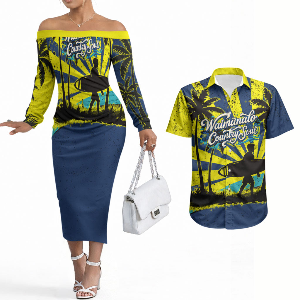 Waimanalo Oahu Hawaii Surfing Couples Matching Off The Shoulder Long Sleeve Dress and Hawaiian Shirt Tropical Beach Retro Sunburst Surfboard TS04 Yellow Blue - Polynesian Pride