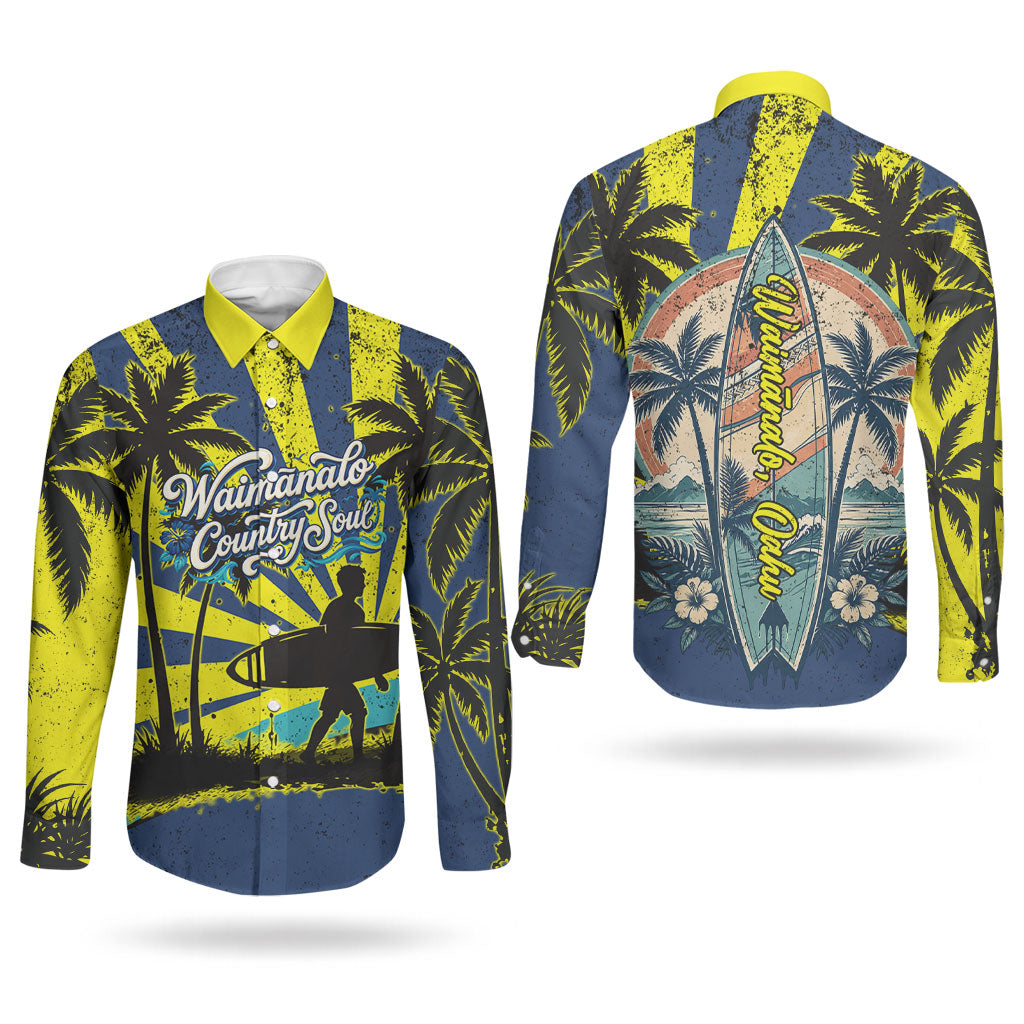 Waimanalo Oahu Hawaii Surfing Couples Matching Puletasi and Long Sleeve Button Shirt Tropical Beach Retro Sunburst Surfboard