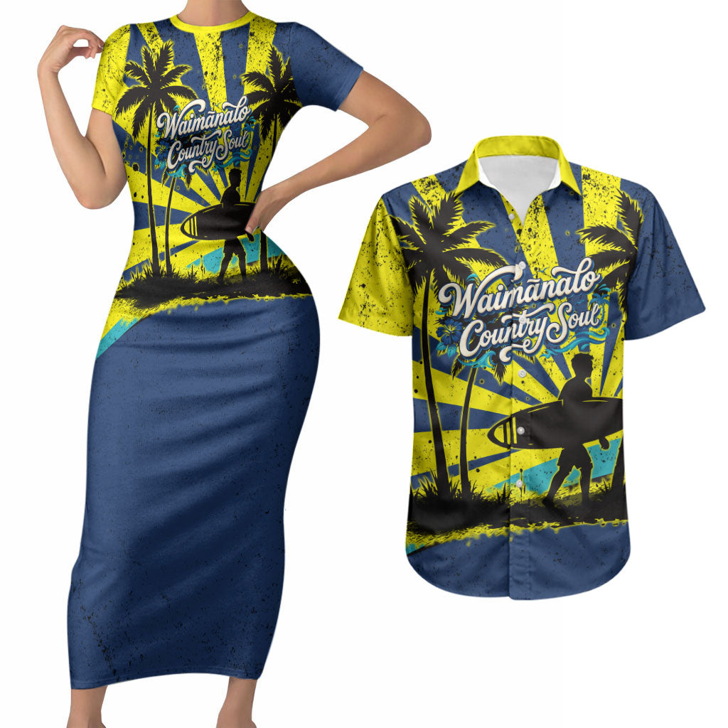 Waimanalo Oahu Hawaii Surfing Couples Matching Short Sleeve Bodycon Dress and Hawaiian Shirt Tropical Beach Retro Sunburst Surfboard TS04 Yellow Blue - Polynesian Pride