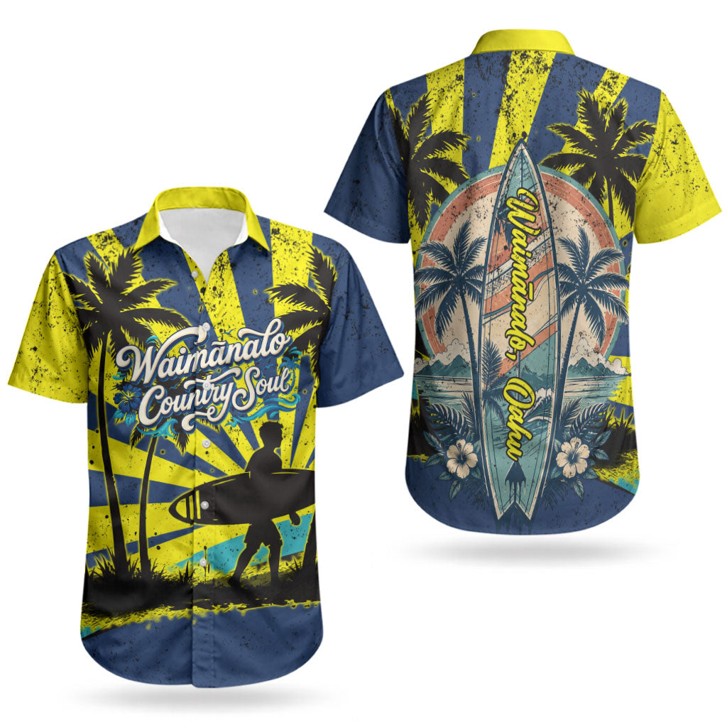 Waimanalo Oahu Hawaii Surfing Couples Matching Short Sleeve Bodycon Dress and Hawaiian Shirt Tropical Beach Retro Sunburst Surfboard TS04 - Polynesian Pride