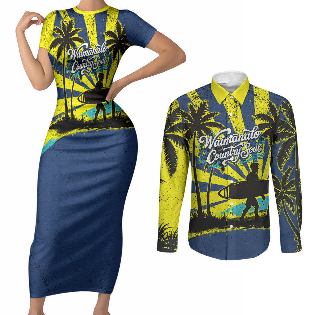Waimanalo Oahu Hawaii Surfing Couples Matching Short Sleeve Bodycon Dress and Long Sleeve Button Shirt Tropical Beach Retro Sunburst Surfboard TS04 Yellow Blue - Polynesian Pride