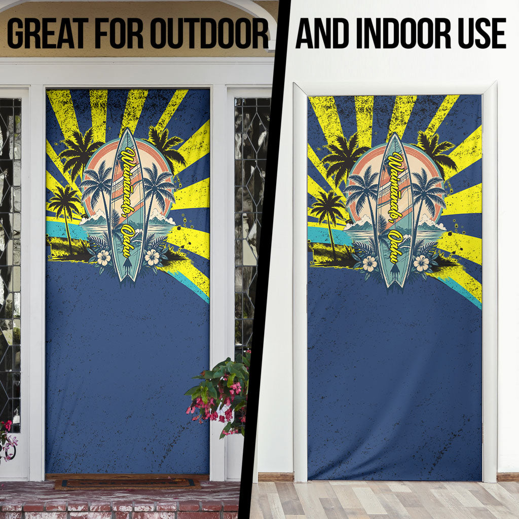 Waimanalo Oahu Hawaii Surfing Door Cover Tropical Beach Retro Sunburst Surfboard