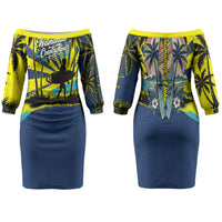 Waimanalo Oahu Hawaii Surfing Family Matching Off The Shoulder Long Sleeve Dress and Hawaiian Shirt Tropical Beach Retro Sunburst Surfboard TS04 Mom's Dress Yellow Blue - Polynesian Pride