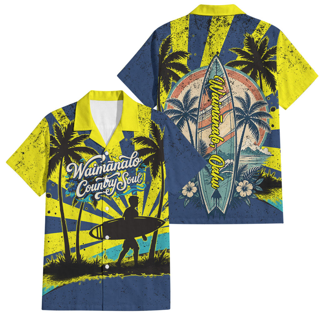 Waimanalo Oahu Hawaii Surfing Family Matching Off The Shoulder Long Sleeve Dress and Hawaiian Shirt Tropical Beach Retro Sunburst Surfboard TS04 Dad's Shirt - Short Sleeve Yellow Blue - Polynesian Pride