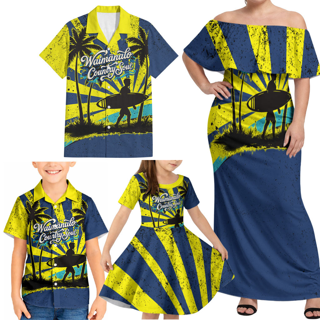 Waimanalo Oahu Hawaii Surfing Family Matching Off Shoulder Maxi Dress and Hawaiian Shirt Tropical Beach Retro Sunburst Surfboard TS04 - Polynesian Pride