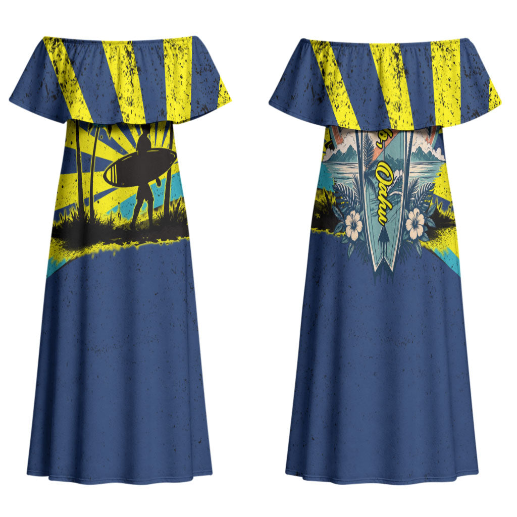 Waimanalo Oahu Hawaii Surfing Family Matching Off Shoulder Maxi Dress and Hawaiian Shirt Tropical Beach Retro Sunburst Surfboard TS04 Mom's Dress Yellow Blue - Polynesian Pride