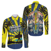 Waimanalo Oahu Hawaii Surfing Family Matching Off Shoulder Maxi Dress and Hawaiian Shirt Tropical Beach Retro Sunburst Surfboard TS04 Dad's Shirt - Long Sleeve Yellow Blue - Polynesian Pride