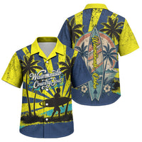 Waimanalo Oahu Hawaii Surfing Family Matching Off Shoulder Maxi Dress and Hawaiian Shirt Tropical Beach Retro Sunburst Surfboard TS04 Son's Shirt Yellow Blue - Polynesian Pride