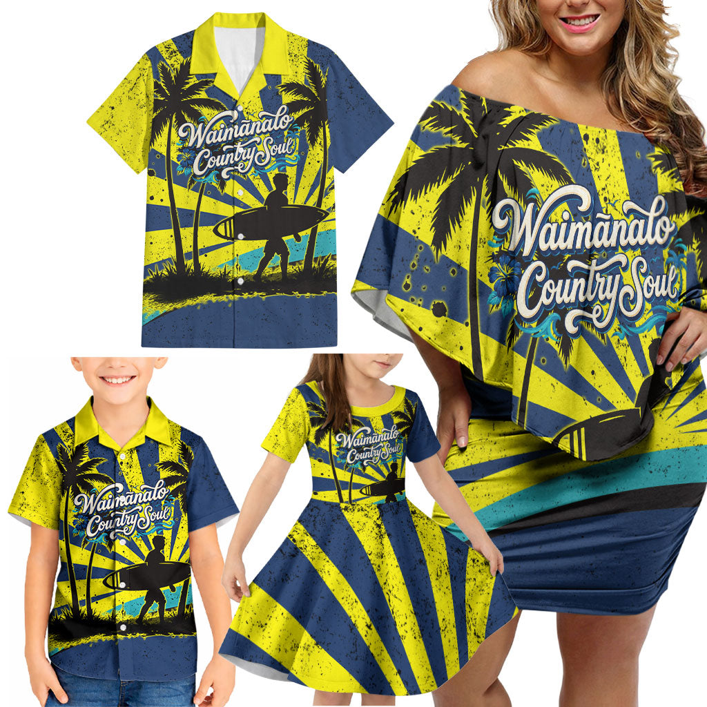 Waimanalo Oahu Hawaii Surfing Family Matching Off Shoulder Short Dress and Hawaiian Shirt Tropical Beach Retro Sunburst Surfboard TS04 - Polynesian Pride