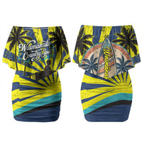 Waimanalo Oahu Hawaii Surfing Family Matching Off Shoulder Short Dress and Hawaiian Shirt Tropical Beach Retro Sunburst Surfboard TS04 Mom's Dress Yellow Blue - Polynesian Pride