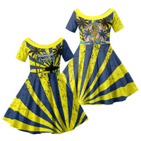Waimanalo Oahu Hawaii Surfing Family Matching Off Shoulder Short Dress and Hawaiian Shirt Tropical Beach Retro Sunburst Surfboard TS04 Daughter's Dress Yellow Blue - Polynesian Pride