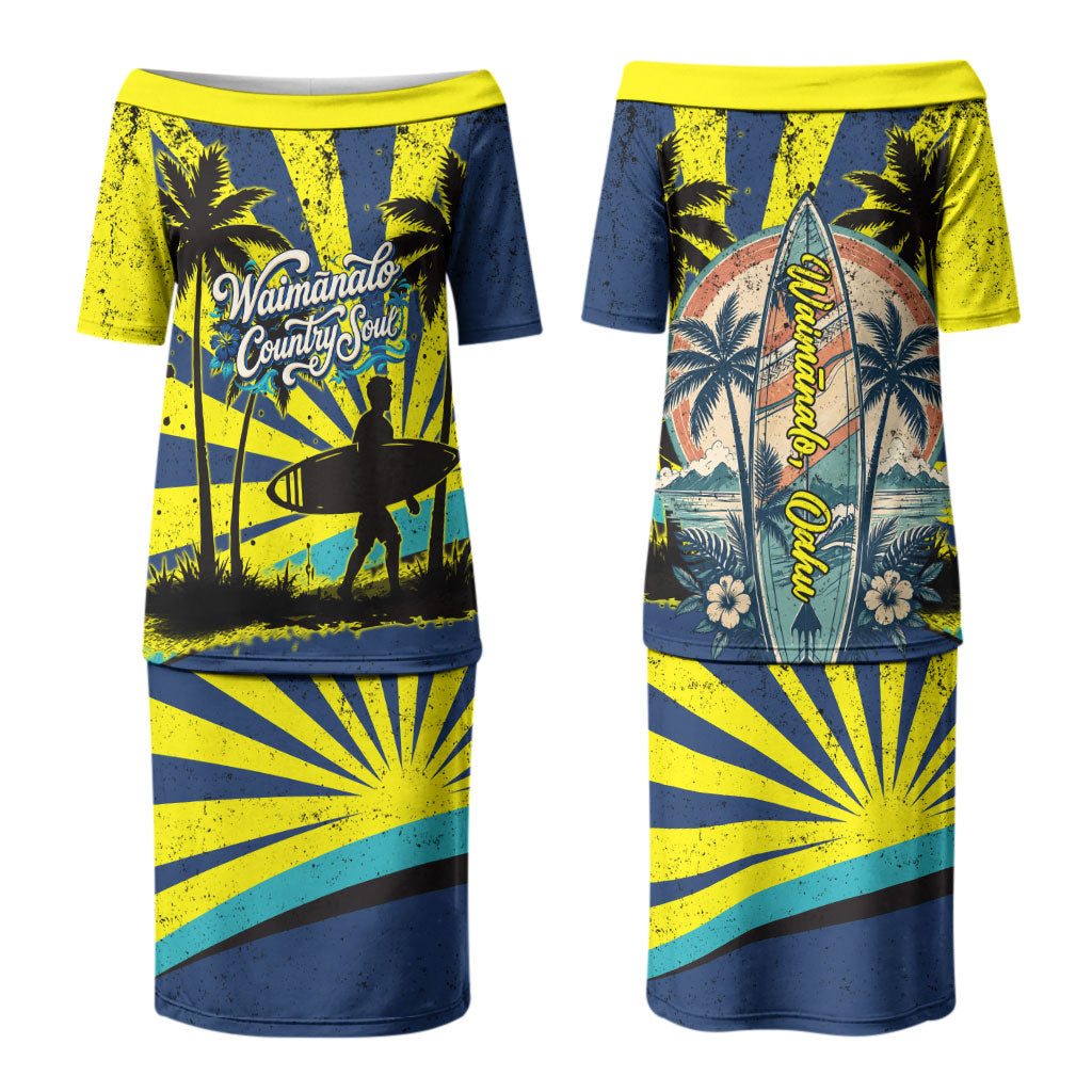 Waimanalo Oahu Hawaii Surfing Family Matching Puletasi and Hawaiian Shirt Tropical Beach Retro Sunburst Surfboard TS04 Mom's Dress Yellow Blue - Polynesian Pride
