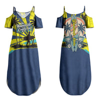 Waimanalo Oahu Hawaii Surfing Family Matching Summer Maxi Dress and Hawaiian Shirt Tropical Beach Retro Sunburst Surfboard TS04 Mom's Dress Yellow Blue - Polynesian Pride