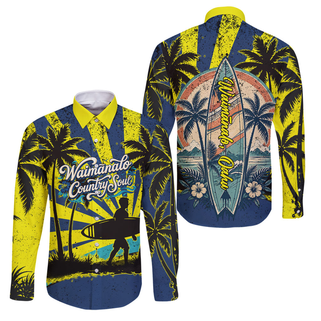 Waimanalo Oahu Hawaii Surfing Family Matching Summer Maxi Dress and Hawaiian Shirt Tropical Beach Retro Sunburst Surfboard TS04 Dad's Shirt - Long Sleeve Yellow Blue - Polynesian Pride