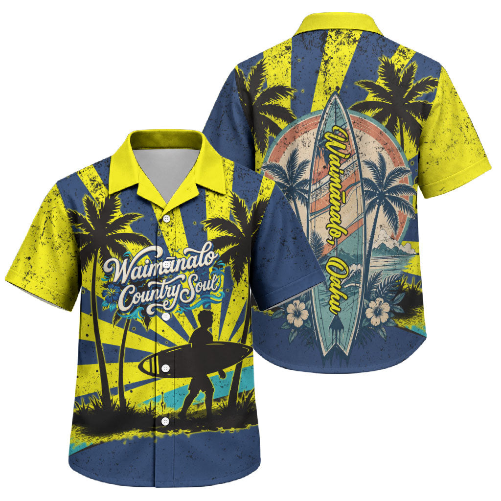 Waimanalo Oahu Hawaii Surfing Family Matching Summer Maxi Dress and Hawaiian Shirt Tropical Beach Retro Sunburst Surfboard TS04 Son's Shirt Yellow Blue - Polynesian Pride