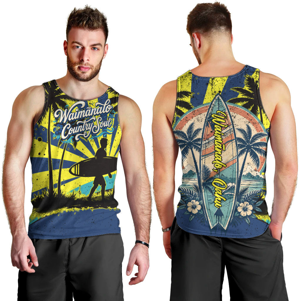 Waimanalo Oahu Hawaii Surfing Men Tank Top Tropical Beach Retro Sunburst Surfboard