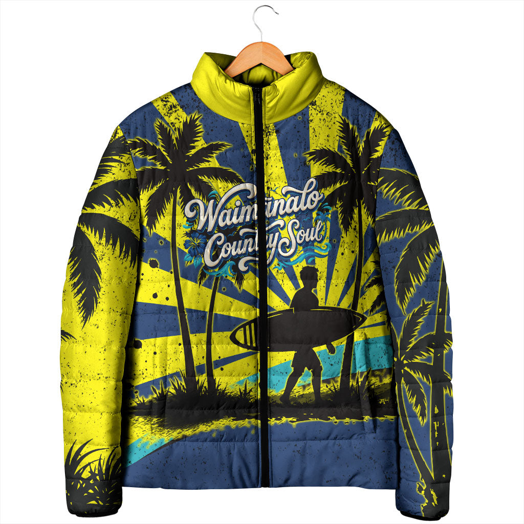 Waimanalo Oahu Hawaii Surfing Padded Jacket Tropical Beach Retro Sunburst Surfboard
