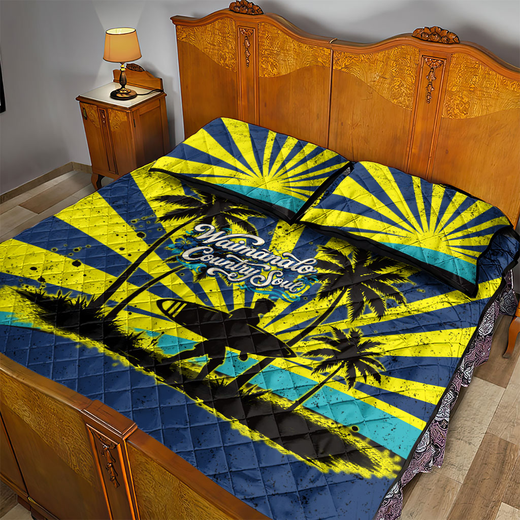 Waimanalo Oahu Hawaii Surfing Quilt Bed Set Tropical Beach Retro Sunburst Surfboard