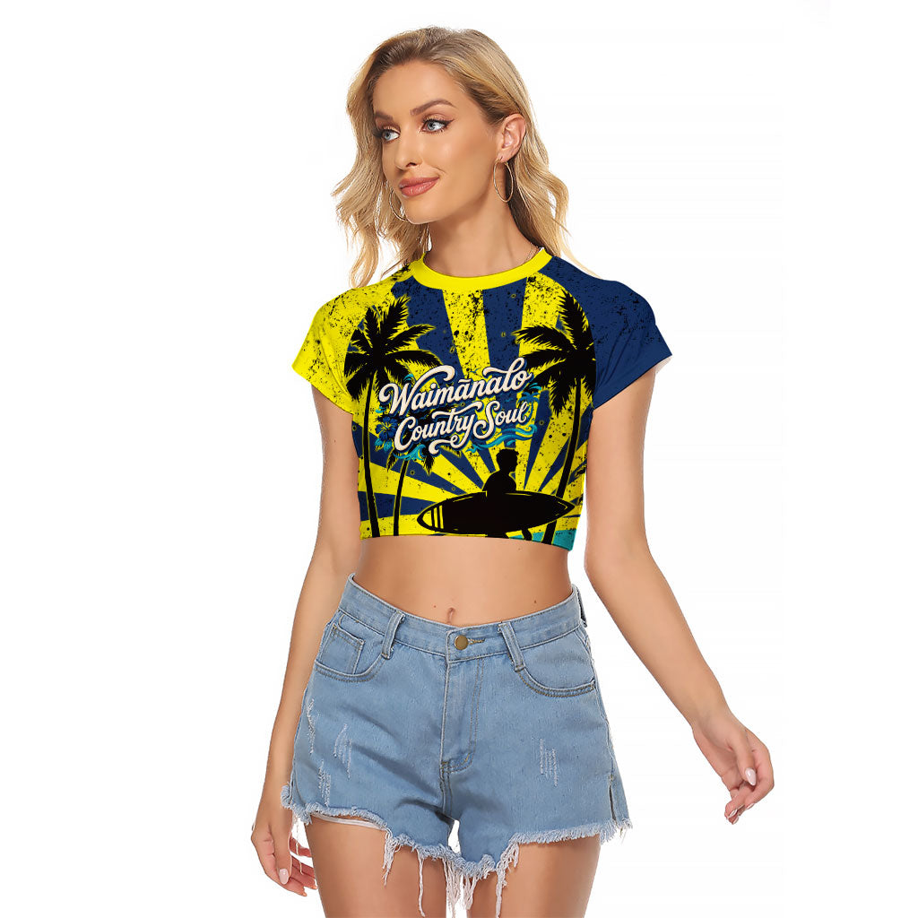Waimanalo Oahu Hawaii Surfing Raglan Cropped T Shirt Tropical Beach Retro Sunburst Surfboard TS04 Female Yellow Blue - Polynesian Pride