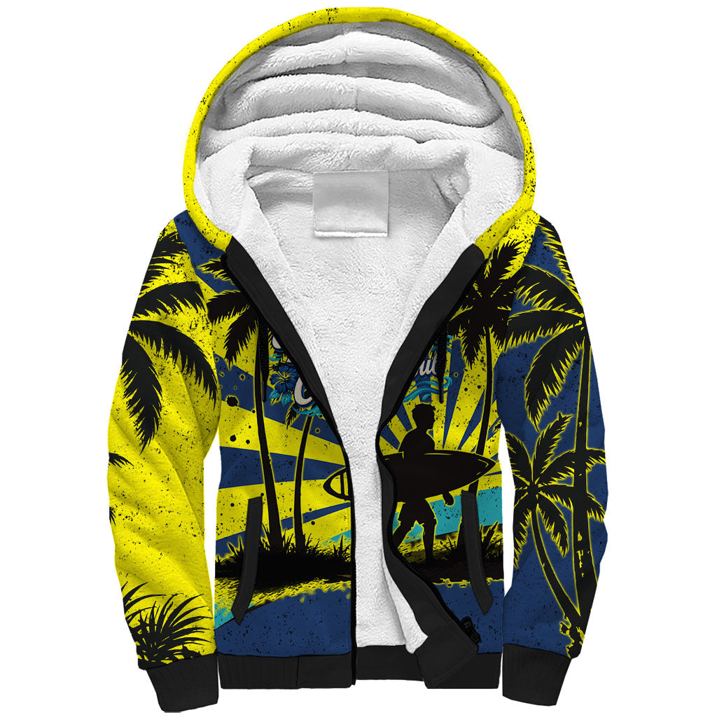 Waimanalo Oahu Hawaii Surfing Sherpa Hoodie Tropical Beach Retro Sunburst Surfboard