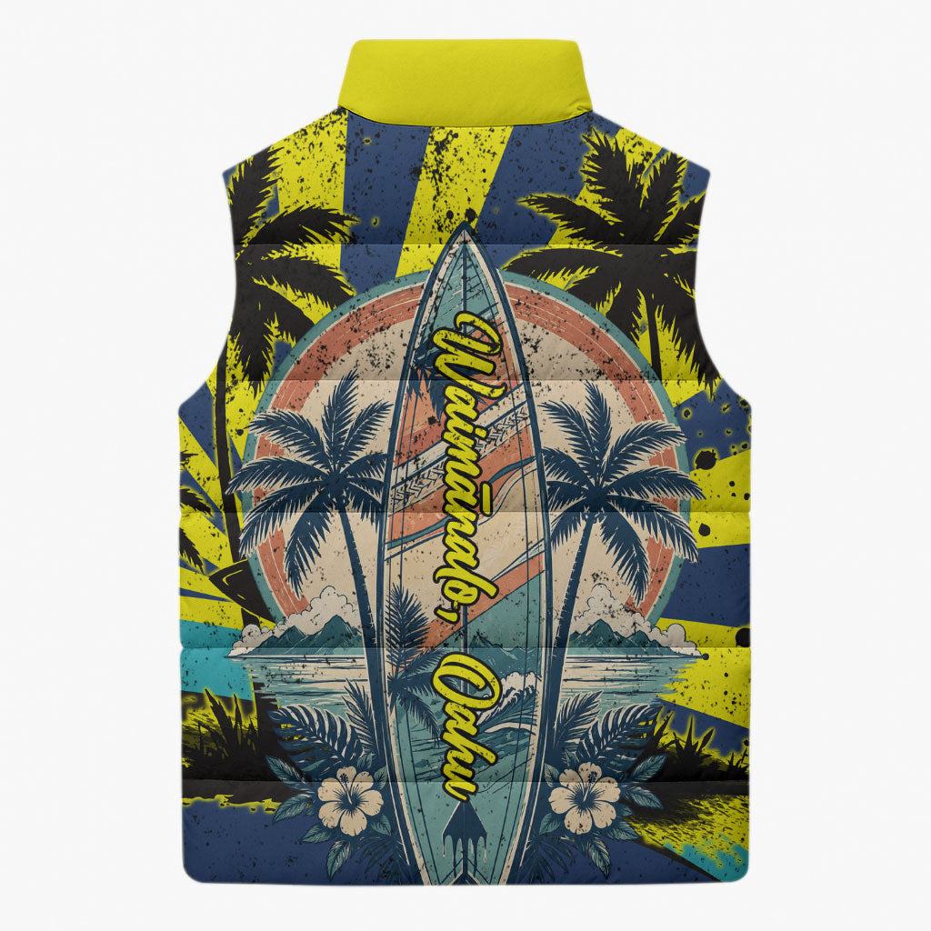 Waimanalo Oahu Hawaii Surfing Sleeveless Puffer Jacket Tropical Beach Retro Sunburst Surfboard