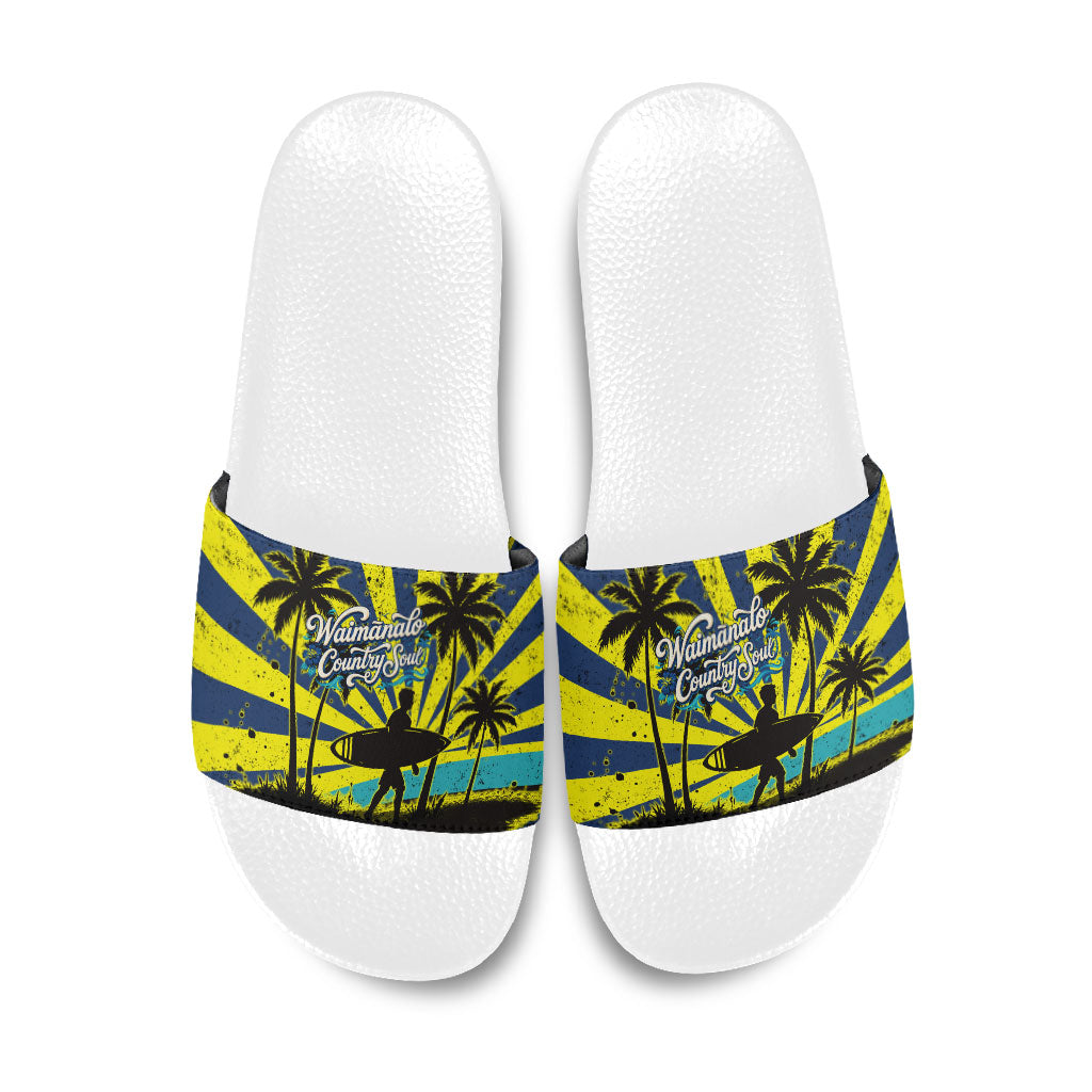 Waimanalo Oahu Hawaii Surfing Slide Sandals Tropical Beach Retro Sunburst Surfboard TS04 Yellow Blue - Polynesian Pride