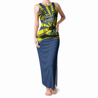 Waimanalo Oahu Hawaii Surfing Tank Maxi Dress Tropical Beach Retro Sunburst Surfboard TS04 Women Yellow Blue - Polynesian Pride