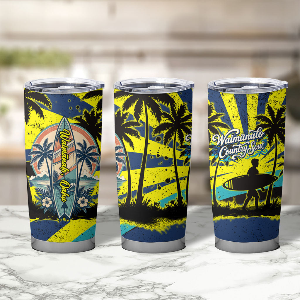 Waimanalo Oahu Hawaii Surfing Tumbler Cup Tropical Beach Retro Sunburst Surfboard