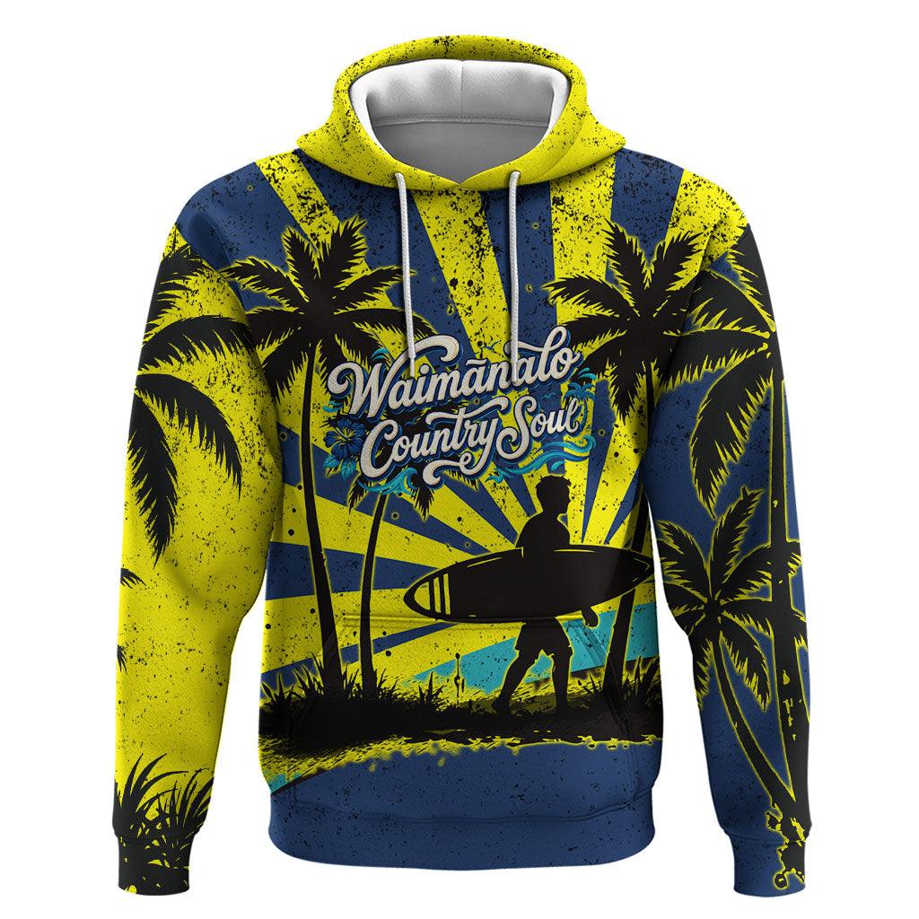 Waimanalo Oahu Hawaii Surfing Zip Hoodie Tropical Beach Retro Sunburst Surfboard TS04 Pullover Hoodie Yellow Blue - Polynesian Pride