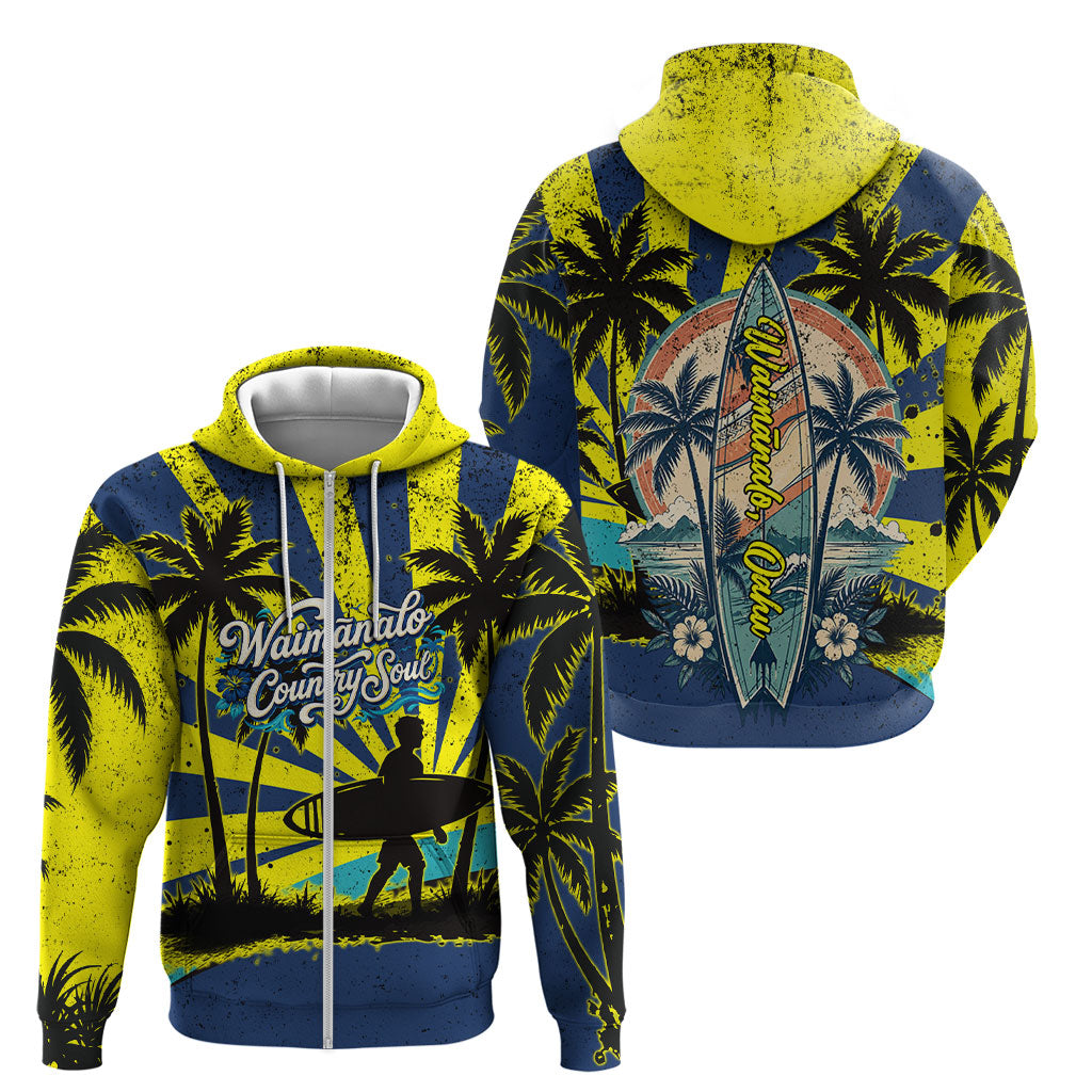 Waimanalo Oahu Hawaii Surfing Zip Hoodie Tropical Beach Retro Sunburst Surfboard TS04 - Polynesian Pride