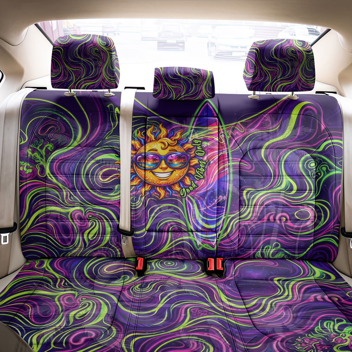 Waimanalo Hawaii Sun Rabbit Back Car Seat Cover Psychedelic Trippy Neon Swirl Graphic