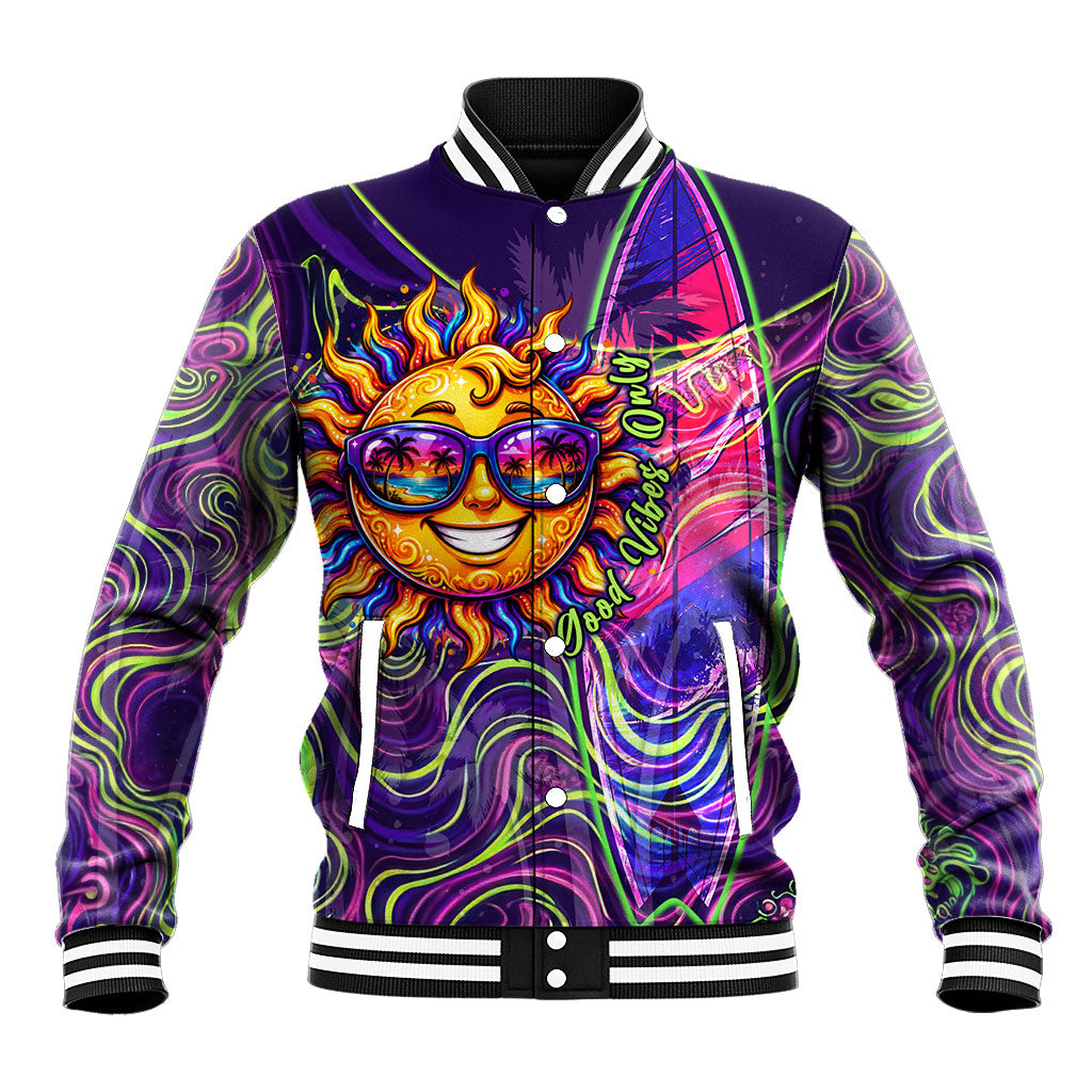 Waimanalo Hawaii Sun Rabbit Baseball Jacket Psychedelic Trippy Neon Swirl Graphic TS04 Unisex Purple Green - Polynesian Pride