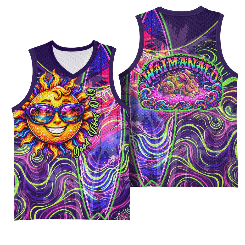 Waimanalo Hawaii Sun Rabbit Basketball Jersey Psychedelic Trippy Neon Swirl Graphic